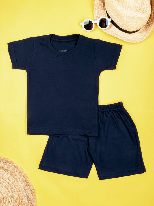 Classic Plain Navy Blue Half Sleeve Tshirt & Short Co-Ord Set