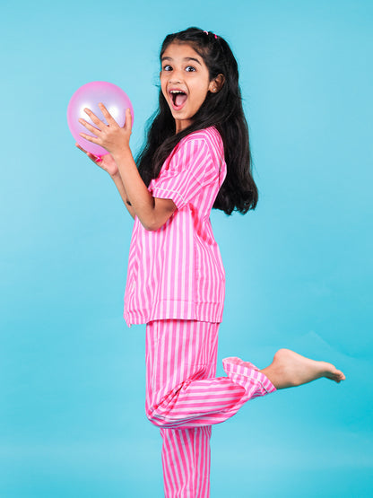 Pink Stripes Pajama Set For Girls