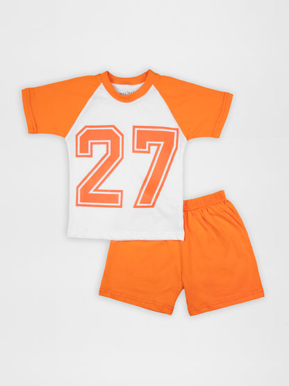 Orange 27 Print Half Sleeve Tshirt & Short Co-Ord Set