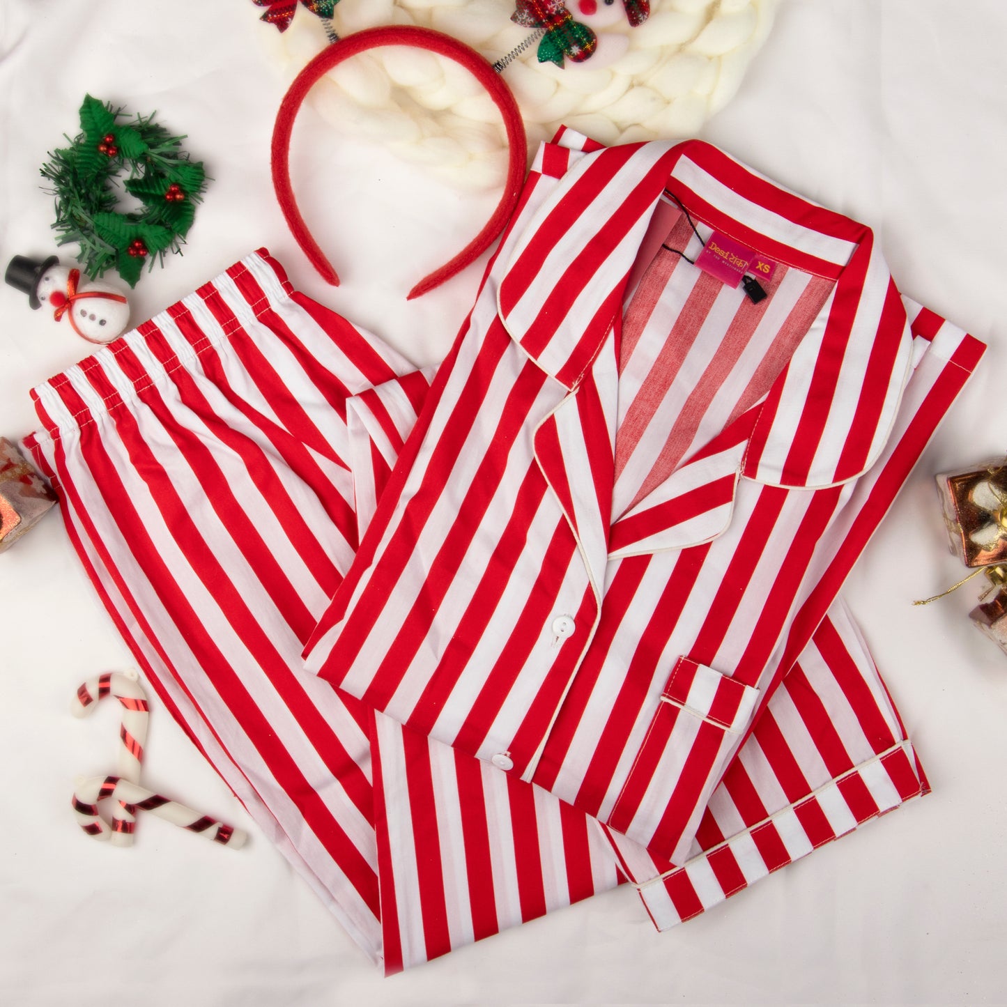 Red & White Striped Pajama Set for Women