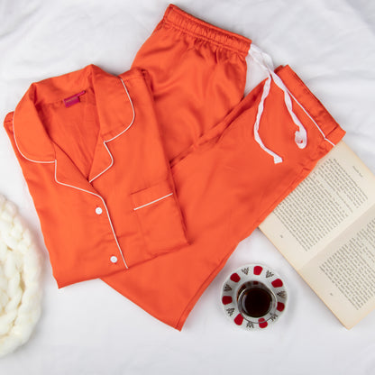 Orange Plain Pajama Set for Women