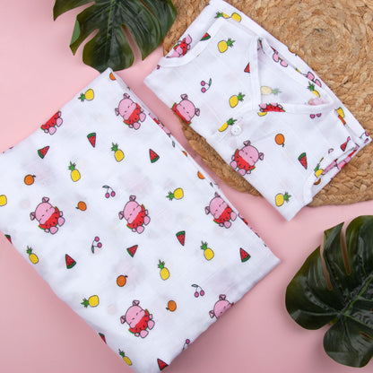 Nom Nom Fruits Bamboo Muslin Jhabla And Swaddle for Baby