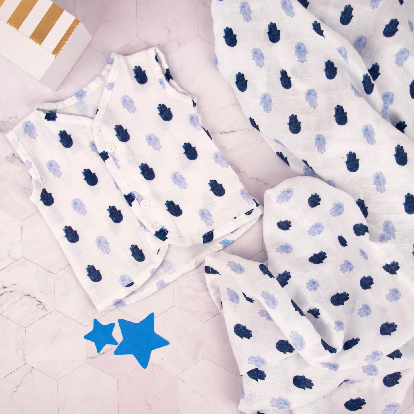 Hamsa Evil Eye Bamboo Muslin Jabla & Swaddle Set for Baby