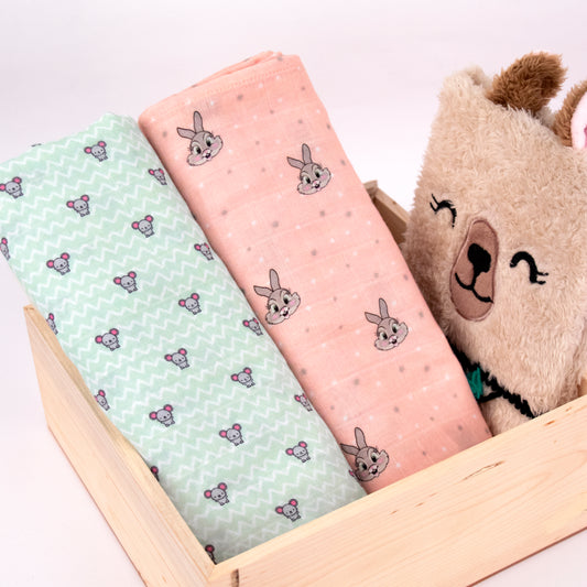 Mouse & Bunny Bamboo Muslin Swaddle for New Born - Set of 2